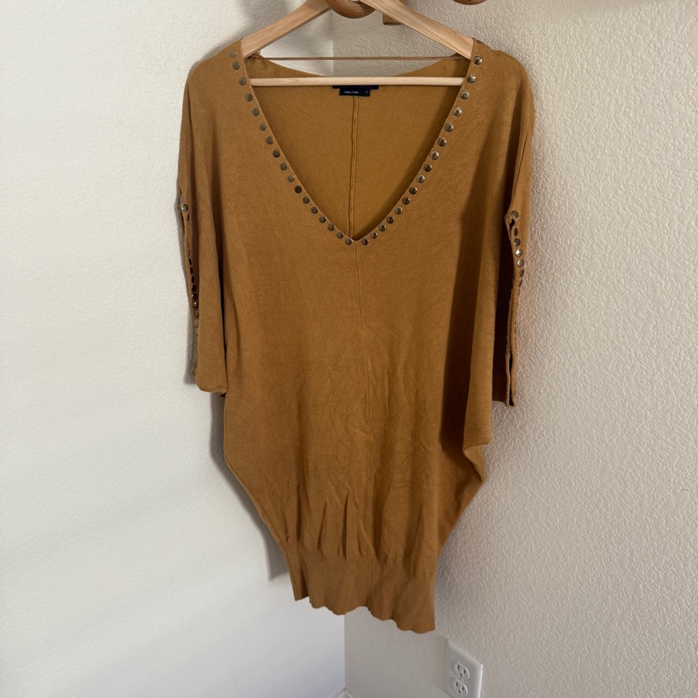 Y2K BCBGMAXAZRIA brown knit sweater dress tunic wide sleeve studded detailing